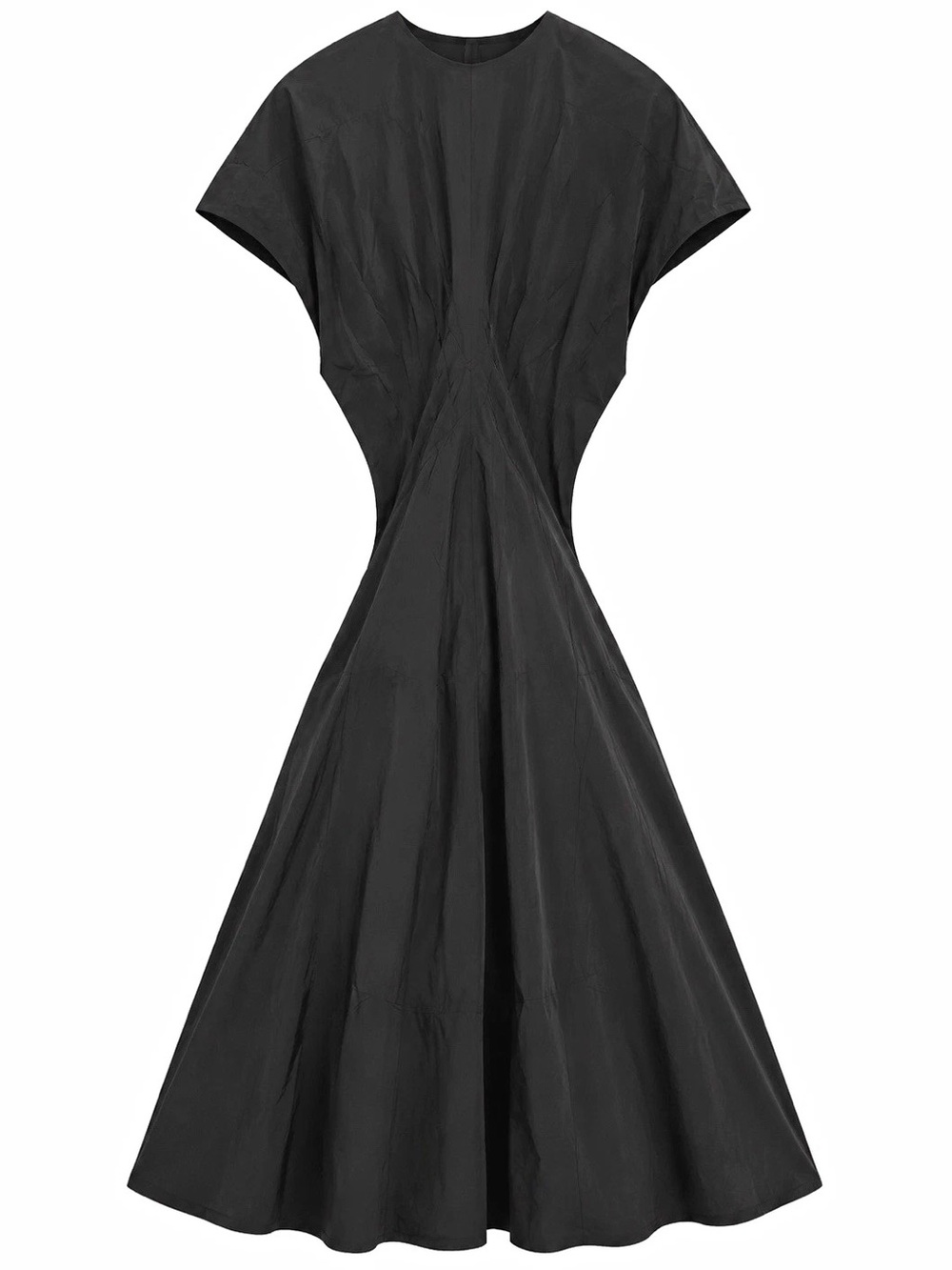 Women's Black Solid A-Line Midi Dress Crew Neck Cap Sleeve Pleated Cotton Blend